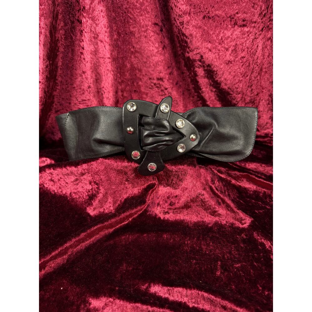 Vintage 1980s Black Leather Belt Rhinestone Studded Sculptural Buckle Statement